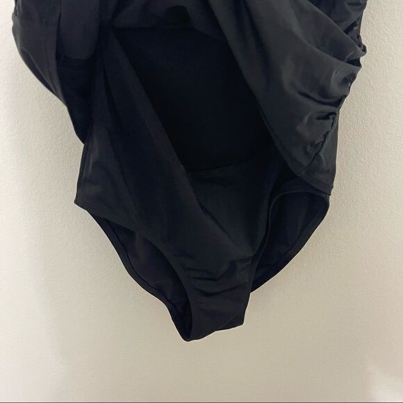 Always For Me Black One Piece Swimsuit Sheer Neckline Size 16 - Picture 3 of 6